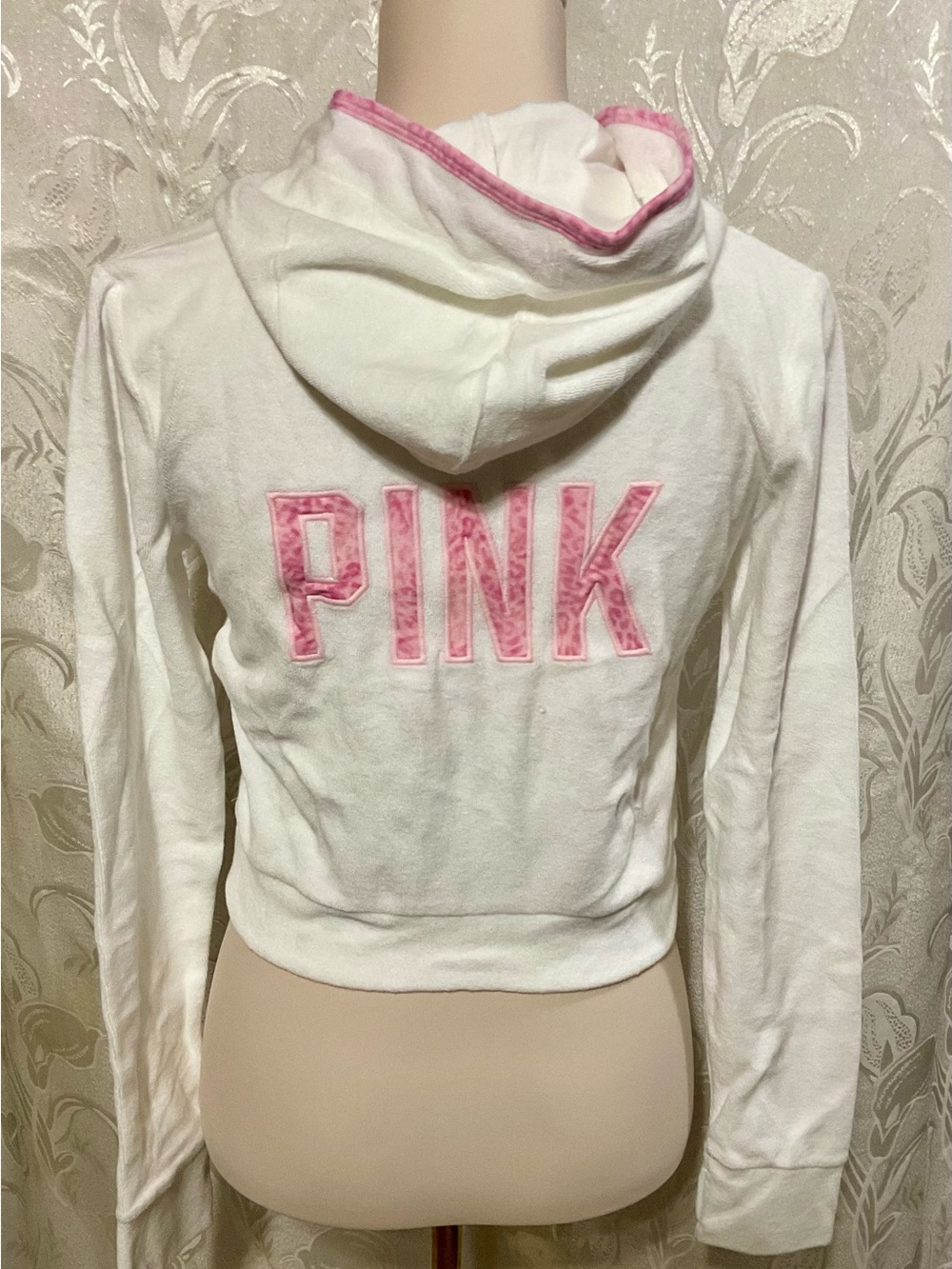 PINK Victoria's Secret White Zip Up Hoodie with Pink Trim Size S NWT